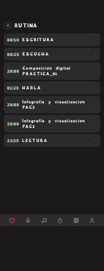 Vista alumno: rutina con pasos numerados y temporizador