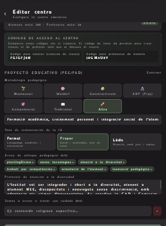Panel complementario: gestión del centro y PEC
